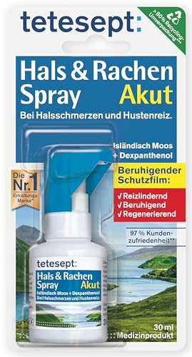tetesept Hals & Rachen Spray – Spray mit Isländisch Moos und Dexpanthenol - zur Befeuchtung & Linderung bei Halsschmerzen, Husten und Heiserkeit – 1 x 30 ml im Sale